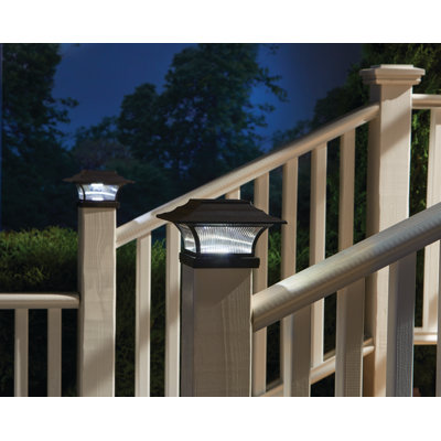 Bronze Low Voltage Solar Powered Integrated LED Fence Post Cap Light 4 In. X 4 In. with Base Adapter Included Kit