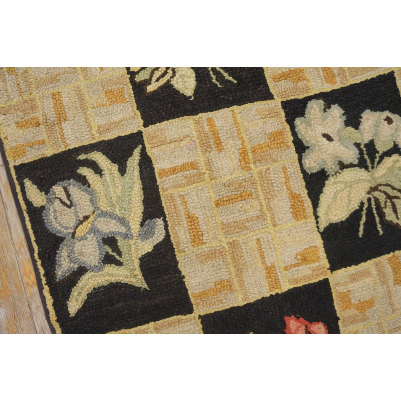 Floral Geometric Antique Early 20th Century Checkerboard Design Small American Folk Art Hooked Rug