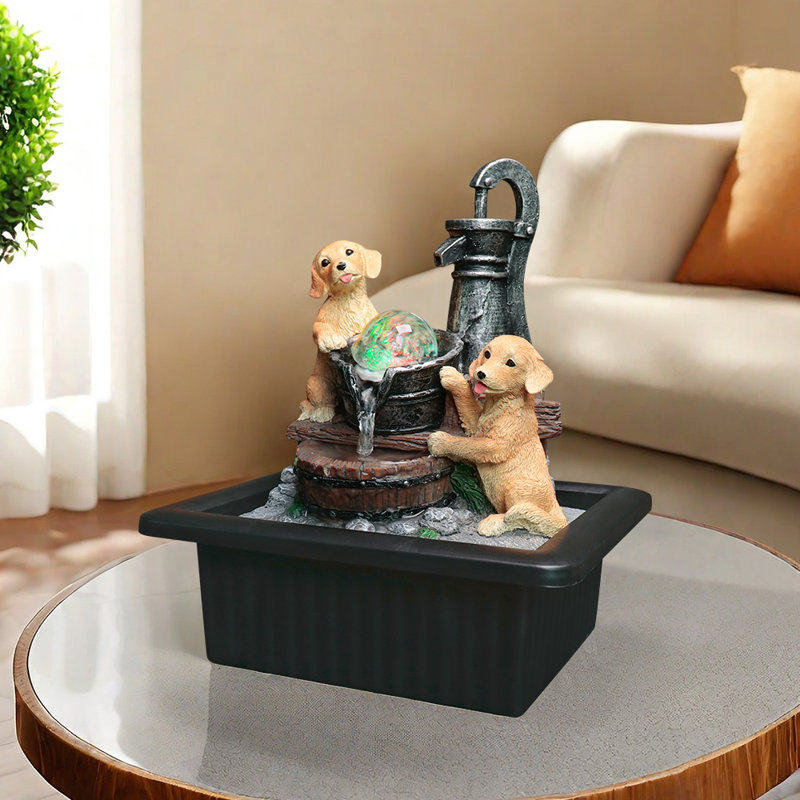 Fontaine de table d'intérieur 9,8 po Golden Retriever Puppies, boule de cristal scintillante éclairée avec pompe