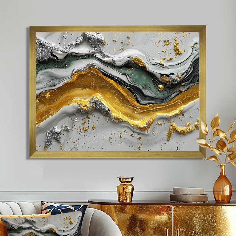 «Tranquil Divide Of Abstract», encre liquide, H 12 po x l 20 po, Cadre simple, Doré