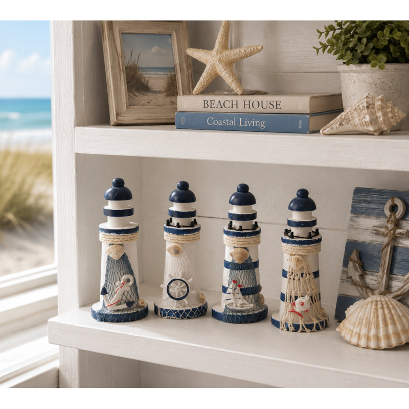 Ensemble de 4 décorations nautiques assorties sur des figurines de phare, H 6,3 po x l 2,4 po x P 2,4 po, Bleu-blanc, Wood