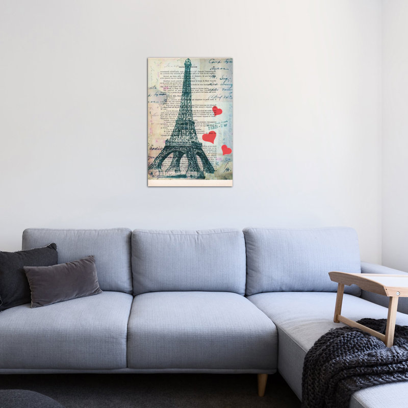 «Vintage Paper Series: Eiffel Tower Love», impression sur toile, H 12 po x l 8 po x P 0,75 po, Toile tendue, Pas de tapis