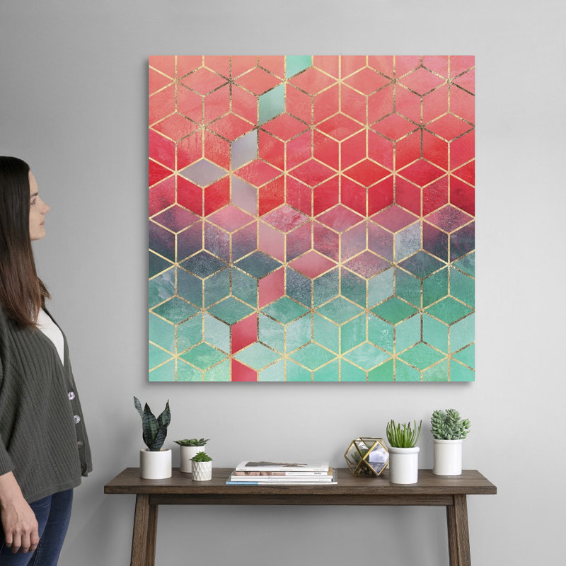 «Rose and Turquoise Cubes», reproduction d'impression sur toile, H 36 po x l 36 po x P 1,25 po, Toile tendue