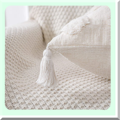 Luxury Boho Pom Pom Tufted Lumbar Pillow Cover - Soft Farmhouse Decorative Plush Throw Cushion Case for Couch Sofa - White