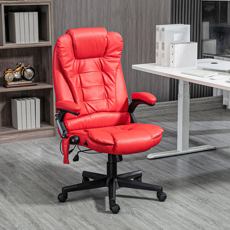 Chaise de bureau de massage à haut dossier avec 6 points de vibration et fauteuil chauffant inclinable en cuir de polyuréthane avec accoudoirs et télécommande, rouge