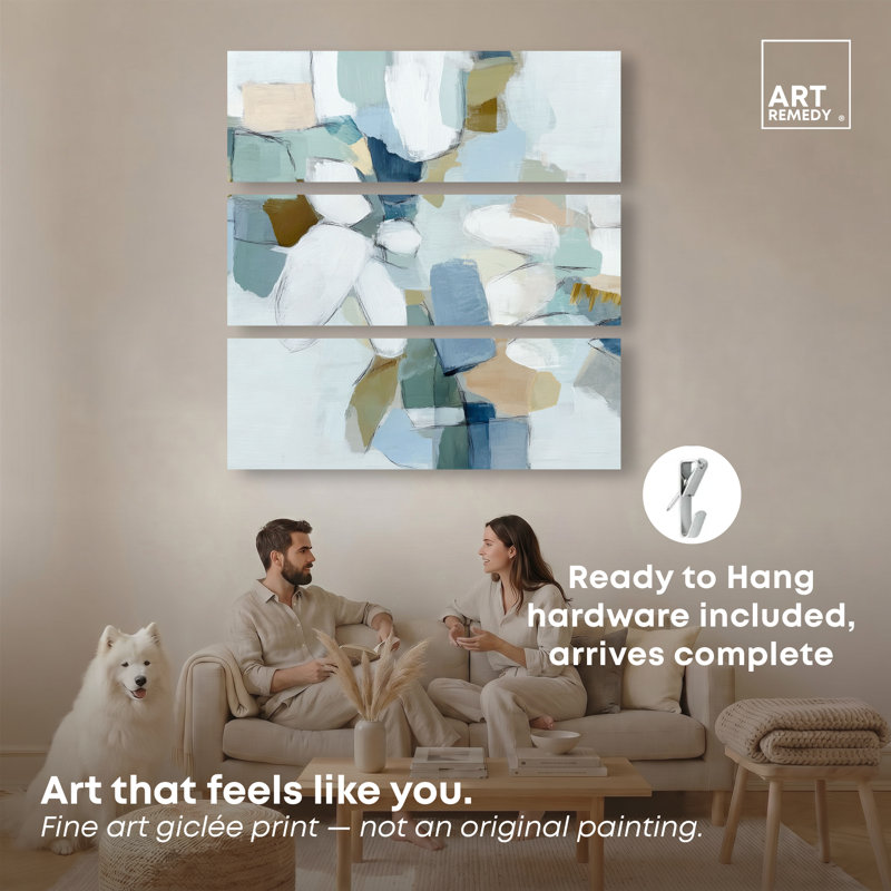 Ensemble de décoration murale sur toile « Horizon turquoise » couleur sauge par Art Remedy, châssis entoilé, 48 x 16 pouces