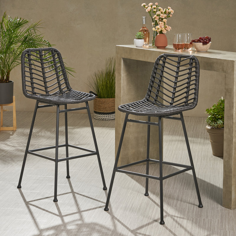 Gray and Black Wicker Outdoor Barstools with Iron Frame, Set of 2