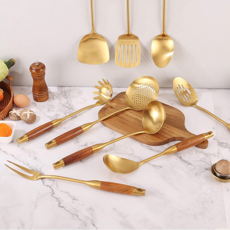 Ensemble d'ustensiles de cuisine professionnel en acier inoxydable 18/10 avec poignées en bois de rose - Outils de cuisine 9 pièces à finition dorée pour les amateurs de cuisine
