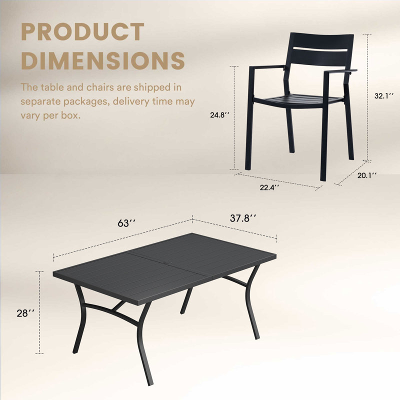 6-Person Outdoor Rectangular Patio Dining Set With Stacking Armchairs, Black