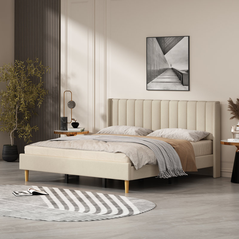 Torrick Upholstered Platform Bed with Tufted Wingback Headboard, King, Beige 100% Linen