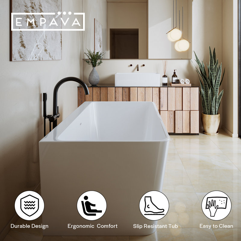 Empava 67 In. X 37.5 In. BACK TO WALL Flat Bottom Bath Tub Soaking Bathtub With Center Drain In White