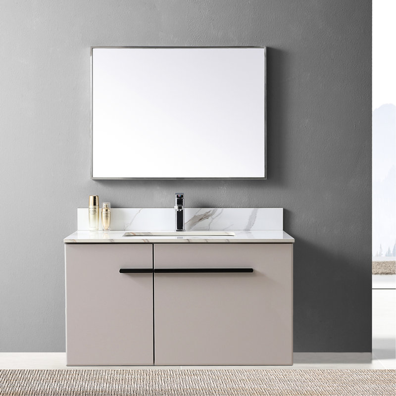 Plateau de meuble-lavabo en or 37 pouces avec finition en pierre frittée, lavabo rectangulaire en céramique et trou de robinet - matériau de conception tendance, option sophistiquée à orifice