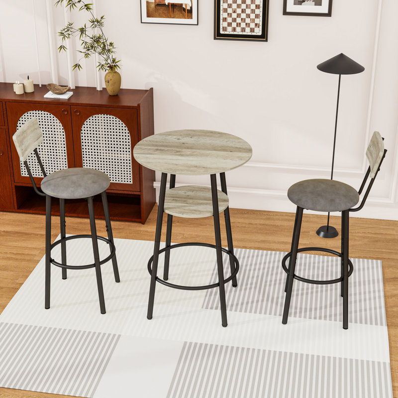 Ensemble de tabourets de bar 3 pièces avec table ronde, tabouret à sièges rembourrés et tablette de rangement, Gris, Gris