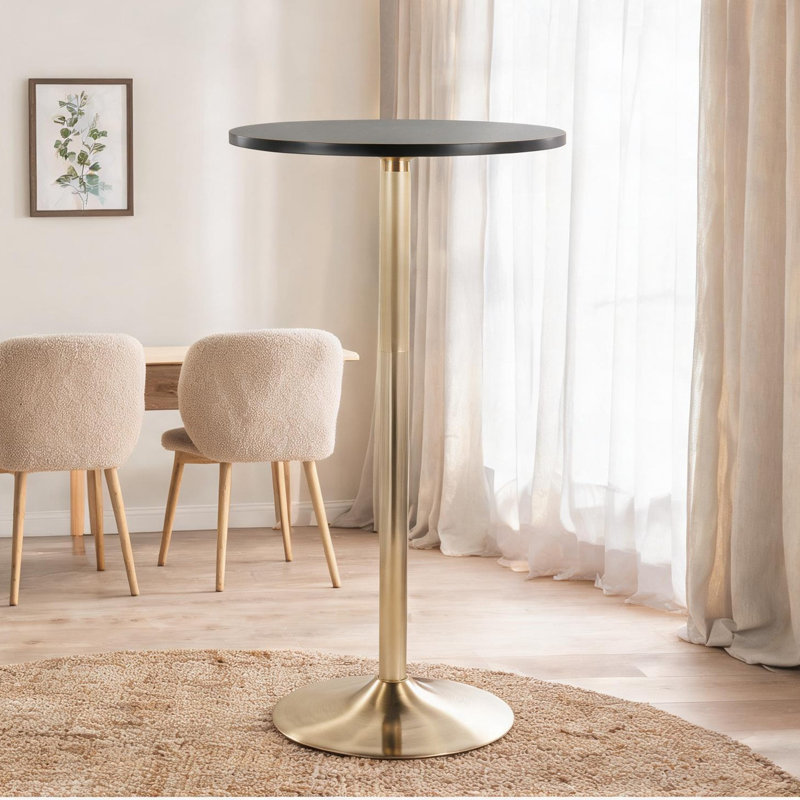 Table de salle à manger ou de bar réglable réglable avec base en acier doré et plateau en bois noir classique, 2 sièges, diamètre de 27 pouces