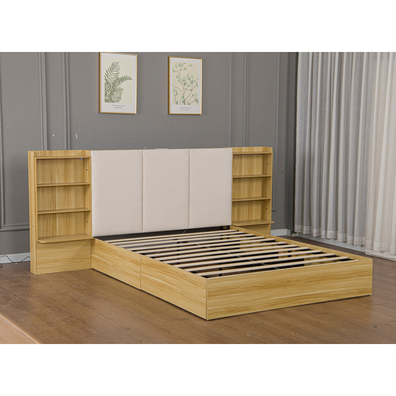 Cadre de lit plateforme en métal Queen Size avec tête de lit de rangement, station de chargement USB et lumière DEL, jaune