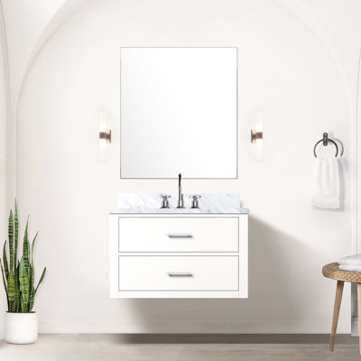 Meuble-lavabo blanc l 30 po x P 22 po, comptoir en marbre, miroir de 28 po inclus, fermeture en douceur, simple en bois massif 30 po 22 po avec comptoir et miroir de 28 po