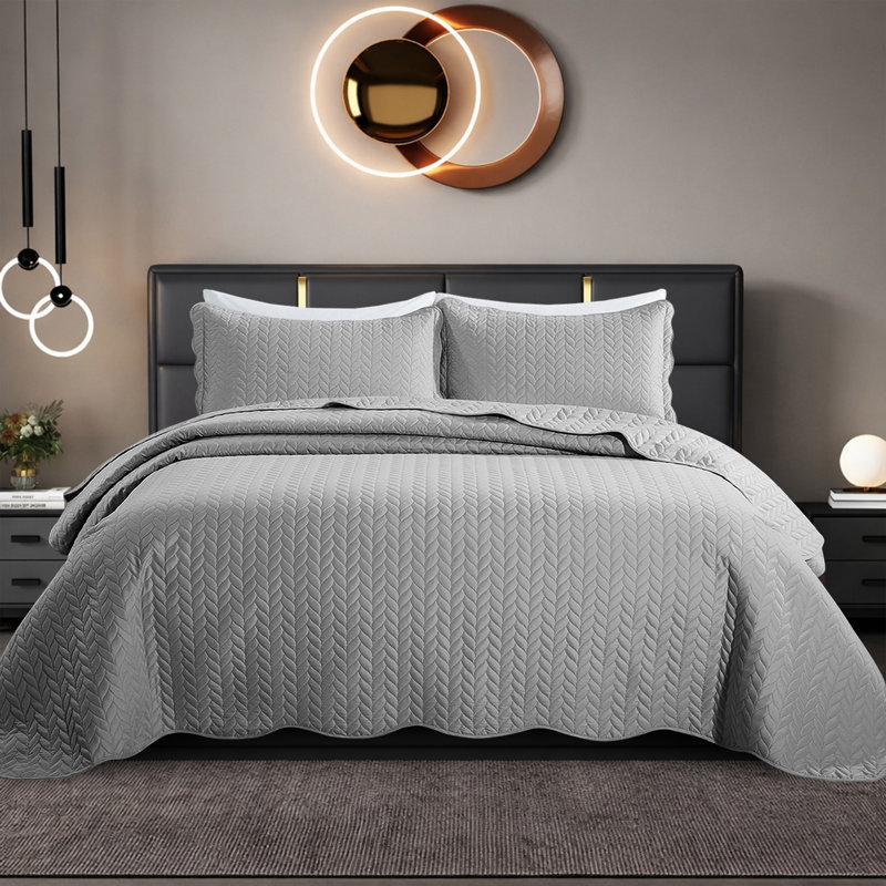 Embossed Microfiber Quilt Coverlet Set, Gray, Twin ( 66 Inc x 86 Inc )