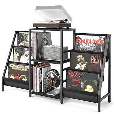 Support pour tourne-disque avec rangement pour disques vinyles, support pour lecteur de disques multimédia à 3 niveaux avec pochettes de rangement latérales pour adultes, salon, chambre à coucher