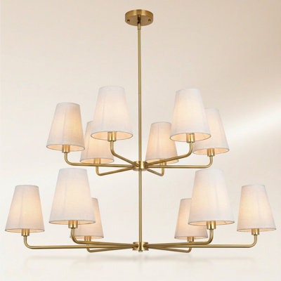 12-Light Adjustable Sputnik Chandelier – Linen Shades, Sloped-Ceiling Compatible, Dimmable Dining Room Statement Fixture.