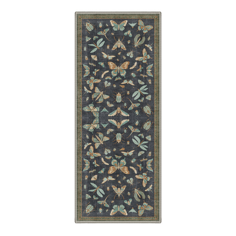 Adonis Elytra Abstract Machine Washable Black / Green Indoor Area Rug with Non-Slip Backing, Runner 2'6" x 8'