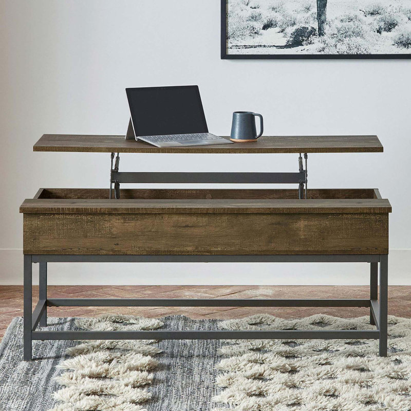 Table basse à plateau relevable brun chêne et sable noir