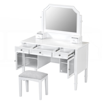 44.4 Inch Makeup Vanity Desk with Large Adjustable Mirror, Dressing Table Set with Drawer & Cabinet, Space-Saving Beauty Station for Bedroom