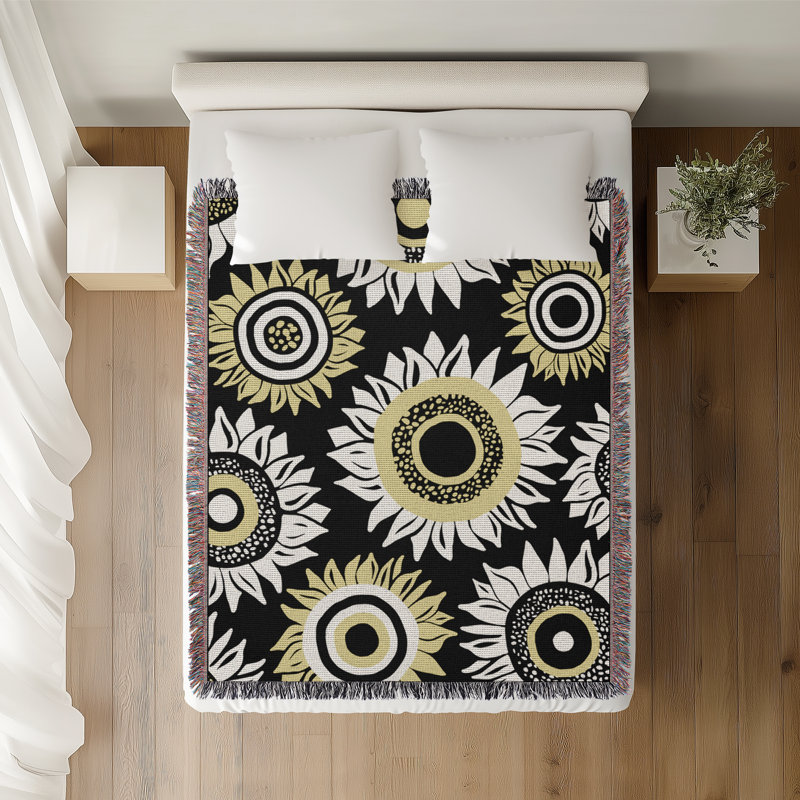 Jeté en coton Frannie Sunflowers, Noir, 60 x 60