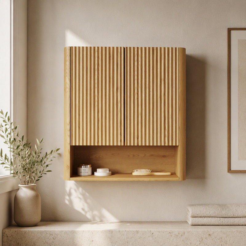 Armoire de salle de bain murale rayée de 26 pouces avec portes, tablette et rangement ouvert pour salle de bain moderne