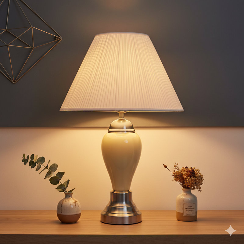 Élégante lampe de table artisanale 1pc, base ivoire brillante, détails métalliques contrastants, abat-jour plissé, interrupteur rotatif en porcelaine d'aspect moderne, 100 watts