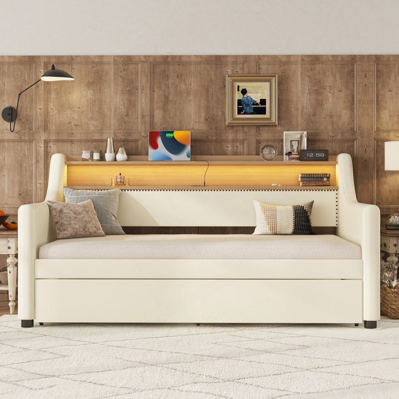 Twin Size Daybed With Trundle, Upholstered PU Leather With Charging Station And LED Lights, White