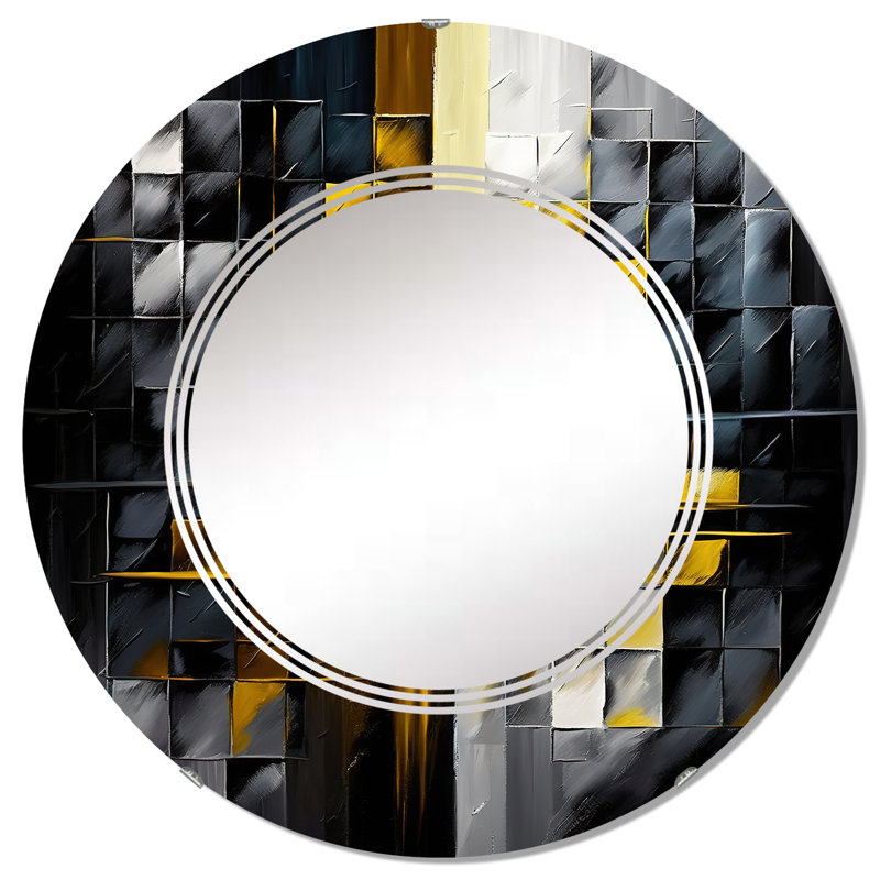 Rahini - Abstrait géométrique noir et jaune IV - Miroir mural géométrique moderne, 32 po x 32 po