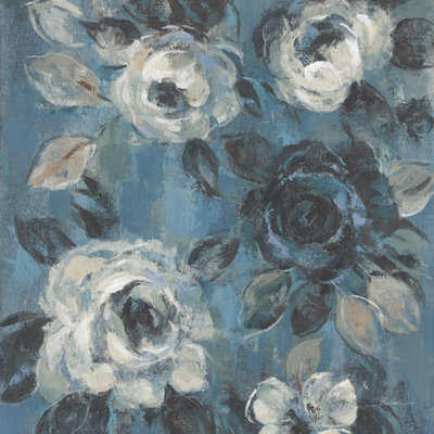 «Loose Flowers on Dusty Blue II» par Silvia Vassileva - peinture sur toile tendue