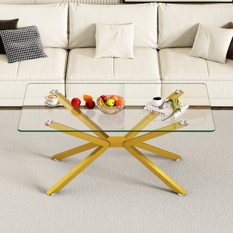 Table rectangulaire en verre trempé transparent de 39,73 po avec pieds en métal doré, look moderne pour les espaces de rangement, installation simple et rapide, espaces intérieurs au design élégant, capacité de poids élevée