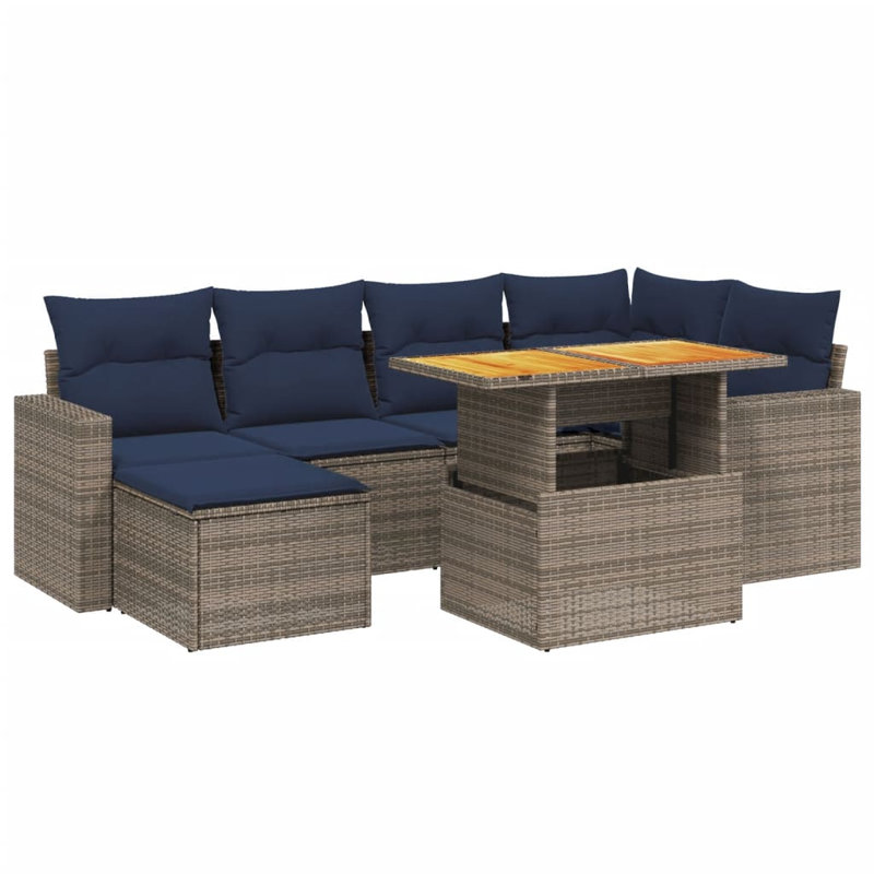  7 Piece Patio Sofa Set With Cushions Poly Rattan, Gray, Blue