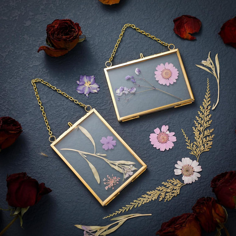12 Double Glass Frame For Pressed Flowers Floating Hanging Photo Frame , Brass Clear Pressed Flower Decor With Chain For Display Gallery Artwork, Horizontal Vertical