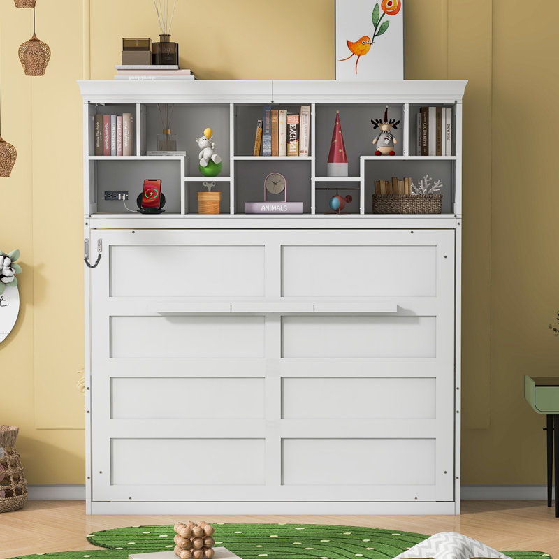 Grand lit escamotable mural avec tablettes supérieures et USB, blanc