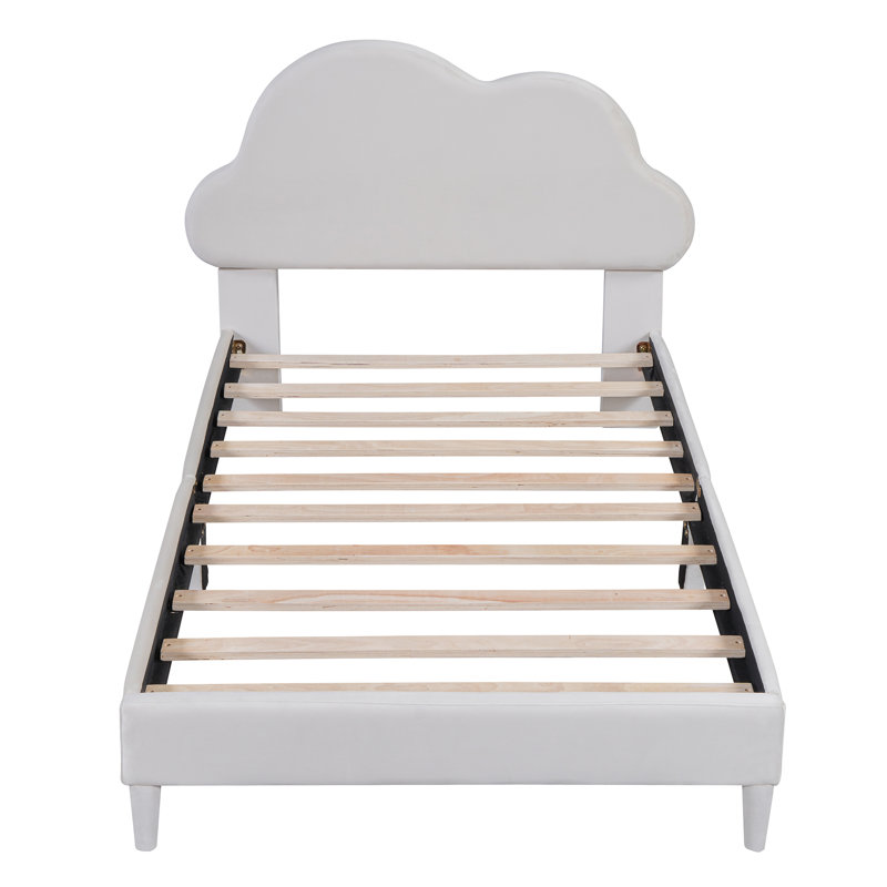 Lit simple tapissier en forme de nuage, lit plateforme en velours avec tête de lit, aucun sommier nécessaire, Beige