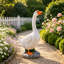 Statue de jardin d'oie blanche en résine de 48 cm (18,89 pouces), sculpture décorative extérieure sur socle en pierre pour terrasse, pelouse ou porche