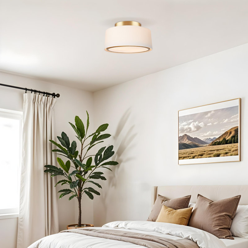 Modern Flush Mount – Metal, Fabric & Gold, Ivory White Shaded 2-Light Hardwired Dimmable Ceiling Light for Living Room or Hallway in Modern, Mid-Century, and Contemporary Style