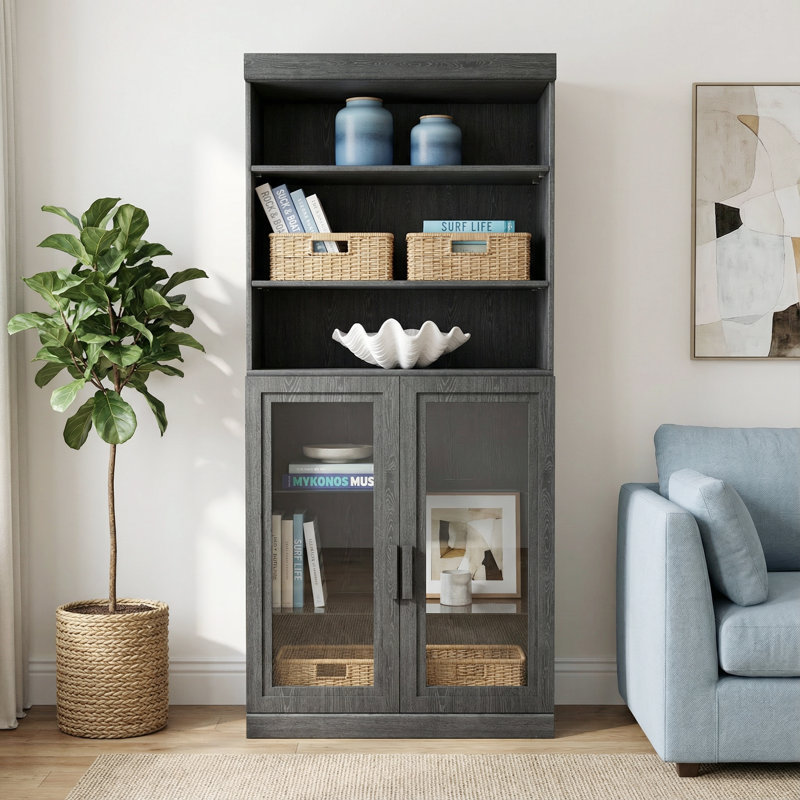 Hedrick 67''H 2-Door Display Cabinet With Glass Shelves, Black