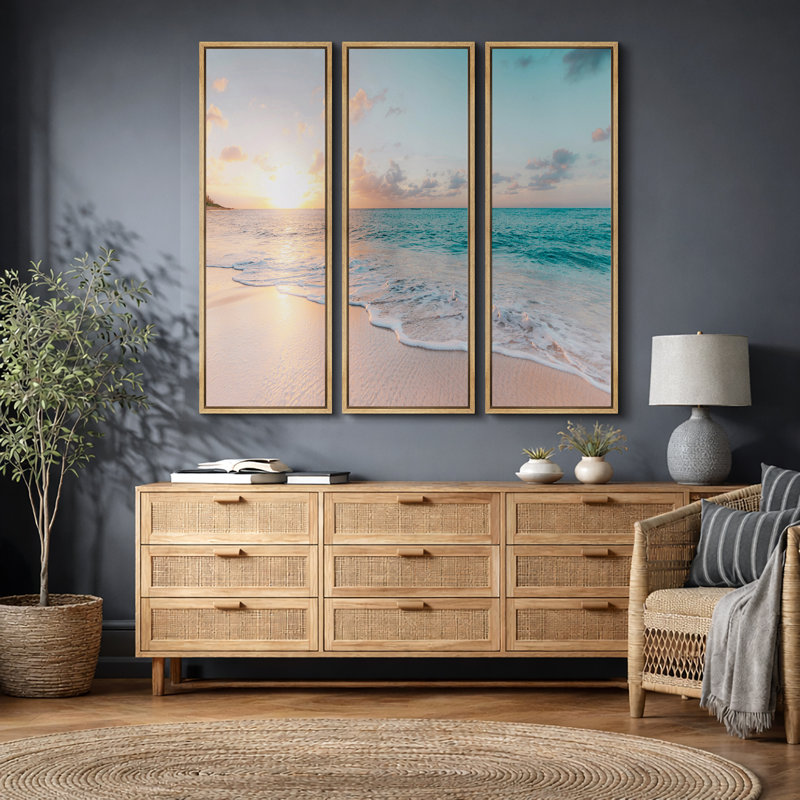 «Aesthetic Sunset on Teal Ocean Coastal Beach Shore», impression sur toile 3 pièces, triptyque, art mural, H 60 po x l 60 po