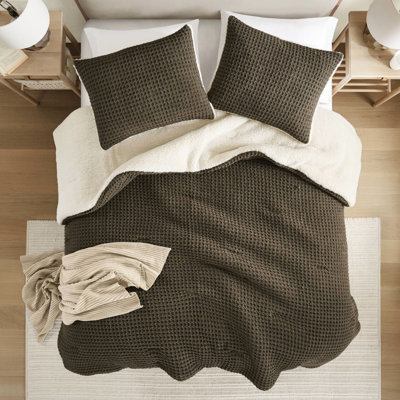 Édredon très grand - chenille en tricot gaufré brun, 100%, 2 taies décoratives, lavable à la machine, doublure en chenille et tissu chaud