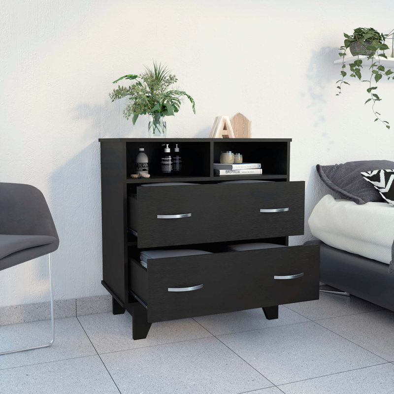 Commode 2 tiroirs Portobelo, 2 tablettes, plateau supérieur, 4 pieds