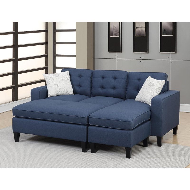 3-Pcs Reversible Sectional Set with Ottoman, Blue Polyfiber