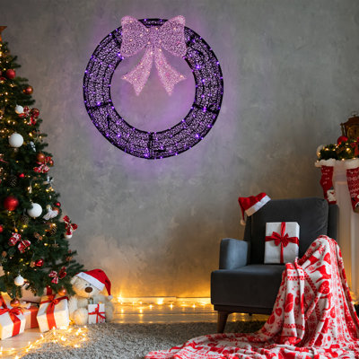 Décoration de guirlande de Noël, couronne en métal pré-éclairée avec nœud - construction robuste résistante aux intempéries, parfaite pour la porte d'entrée / patio / salon