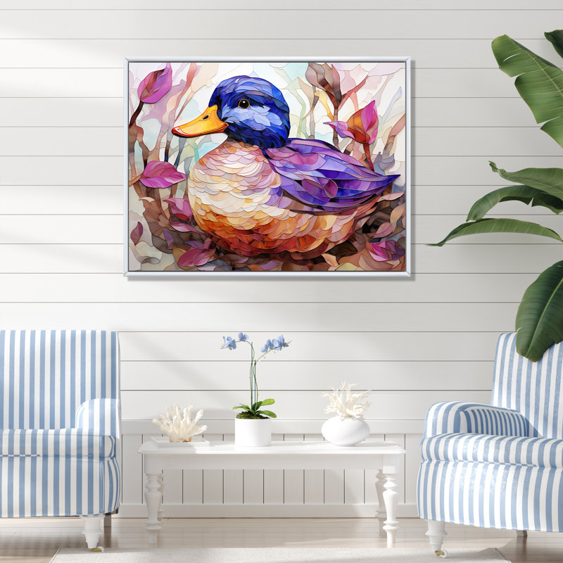 Canard beige et mauve dans un pré - art mural canard, Cadre de coin fermé argenté, H 30 po x l 40 po x P 1,5 po
