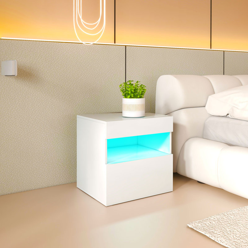 Nightstand with LED Lights, Bedside Table with Drawer and Shelf