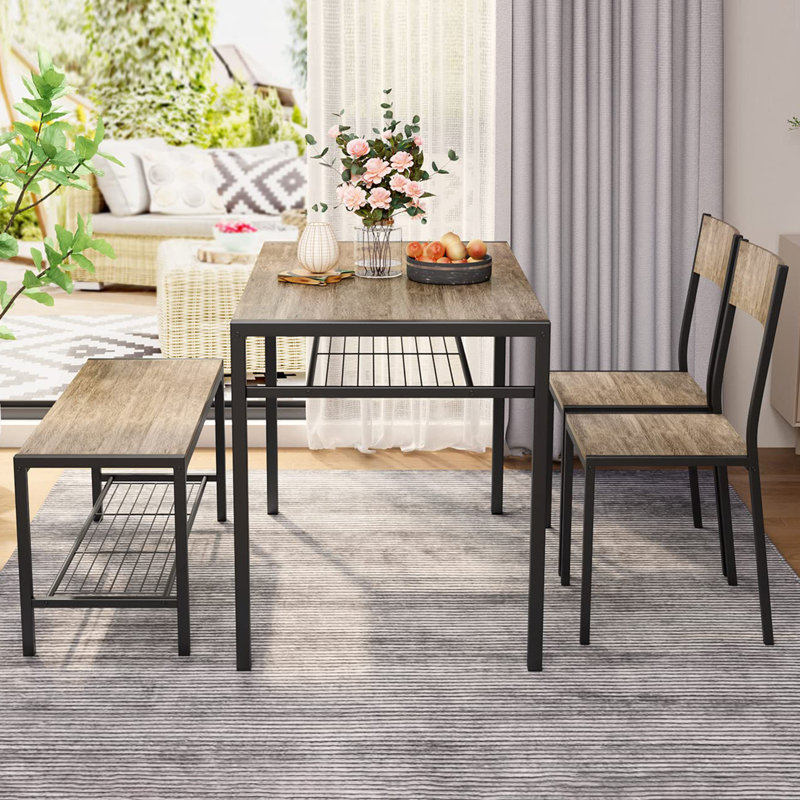 Ensemble de table de salle à manger 4 pièces pour 4 personnes avec 2 chaises et banc, Gris