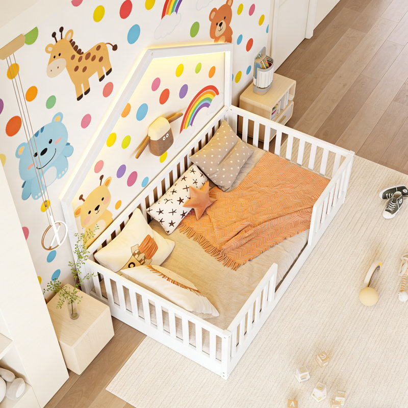 Lit double en bois Montessori avec lumière pour enfants, Naturel, Lit double