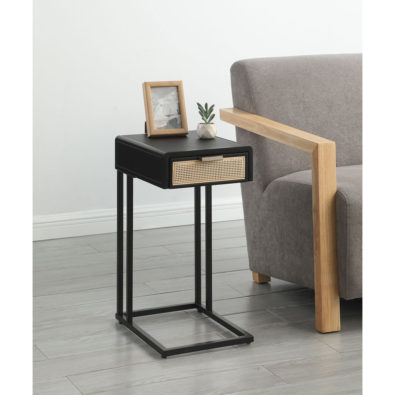 Bernave 1-Drawer Radio Weave Cane Metal Side Table, Black